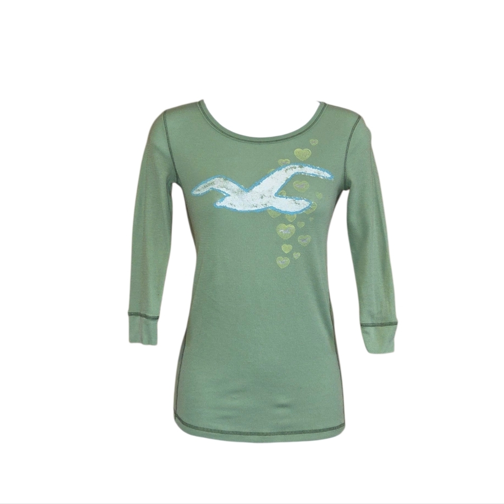 Y2K Hollister Shirt Scoop Neck Bird Hearts Green Sz S Bella Swan Elena Gilbert